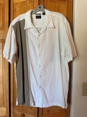 Haggar off white, brown design dress shirt, XXL